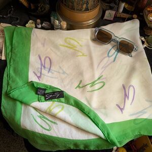 Vintage Genny Monogram Print Scarf Green White Multicolor Italy Silk Logo